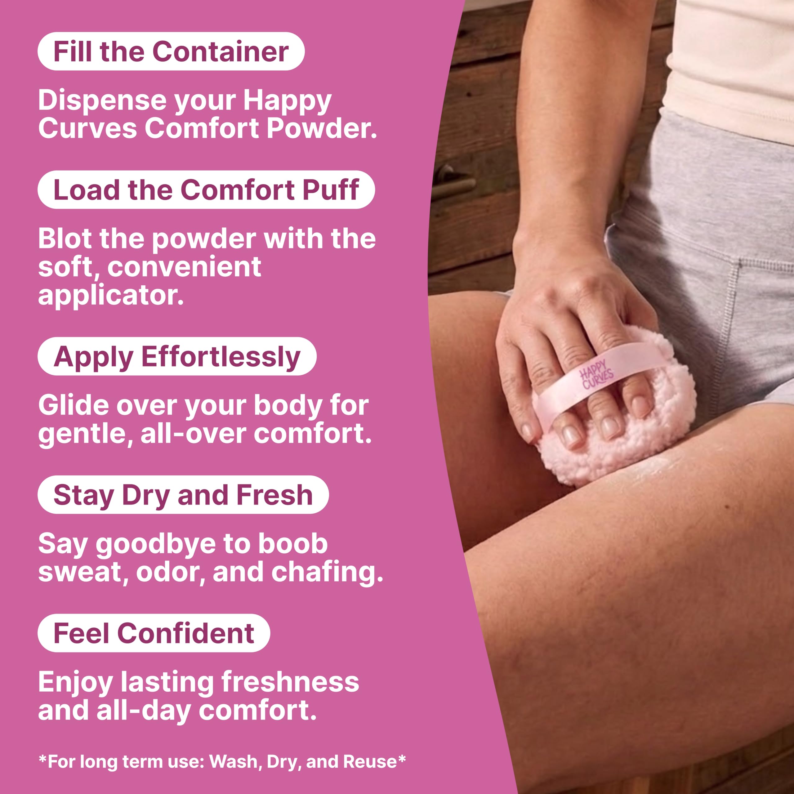 Happy Curves Comfort Puff Mini - Large Body Powder Applicator for All-Day Sweat, Odor, and Chafe Defense
