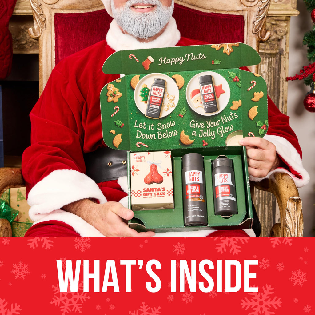Happy Nuts Holiday Gift Bundle Kit for Men - Comfort Powder, Body Wash & Ornament