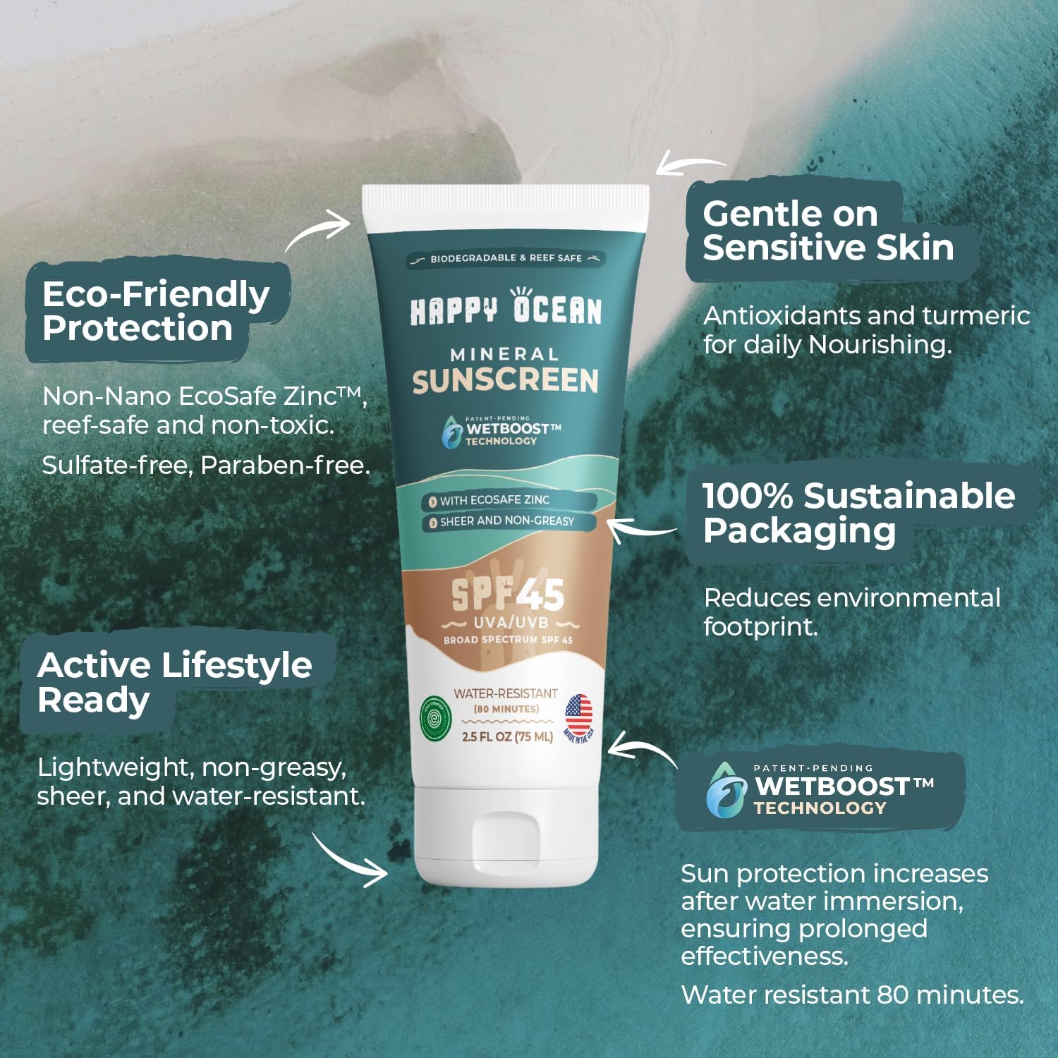 Happy Ocean SPF 45 Biodegradable Reef Safe Sunscreen – Face & Body, Non-Nano Zinc Oxide, Fragrance-Free, Travel Size 2.5 oz