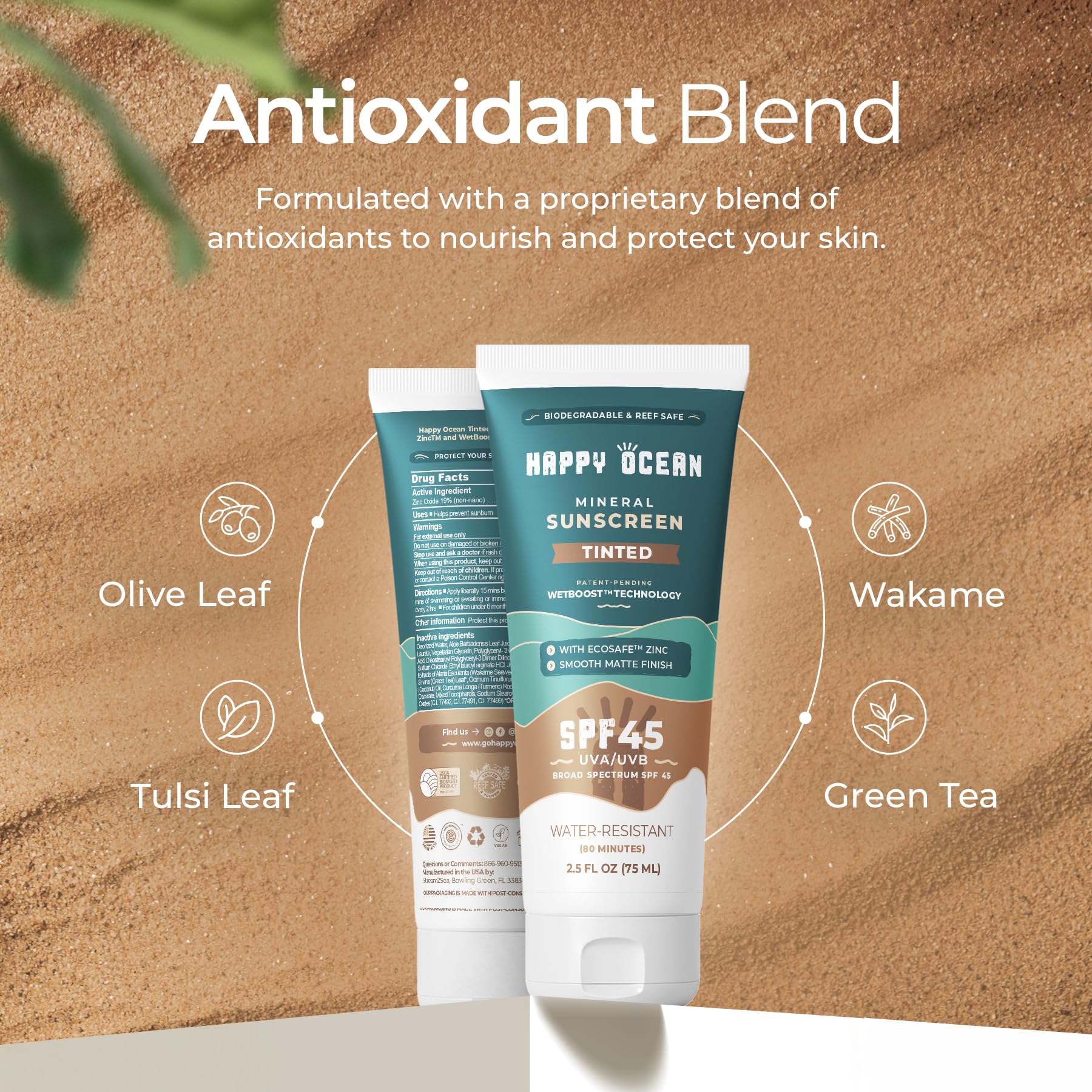 Happy Ocean SPF 45 Tinted Mineral Sunscreen – Fragrance-Free, Reef Safe, Non-Nano Zinc Oxide, Face & Body, 2.5 fl oz