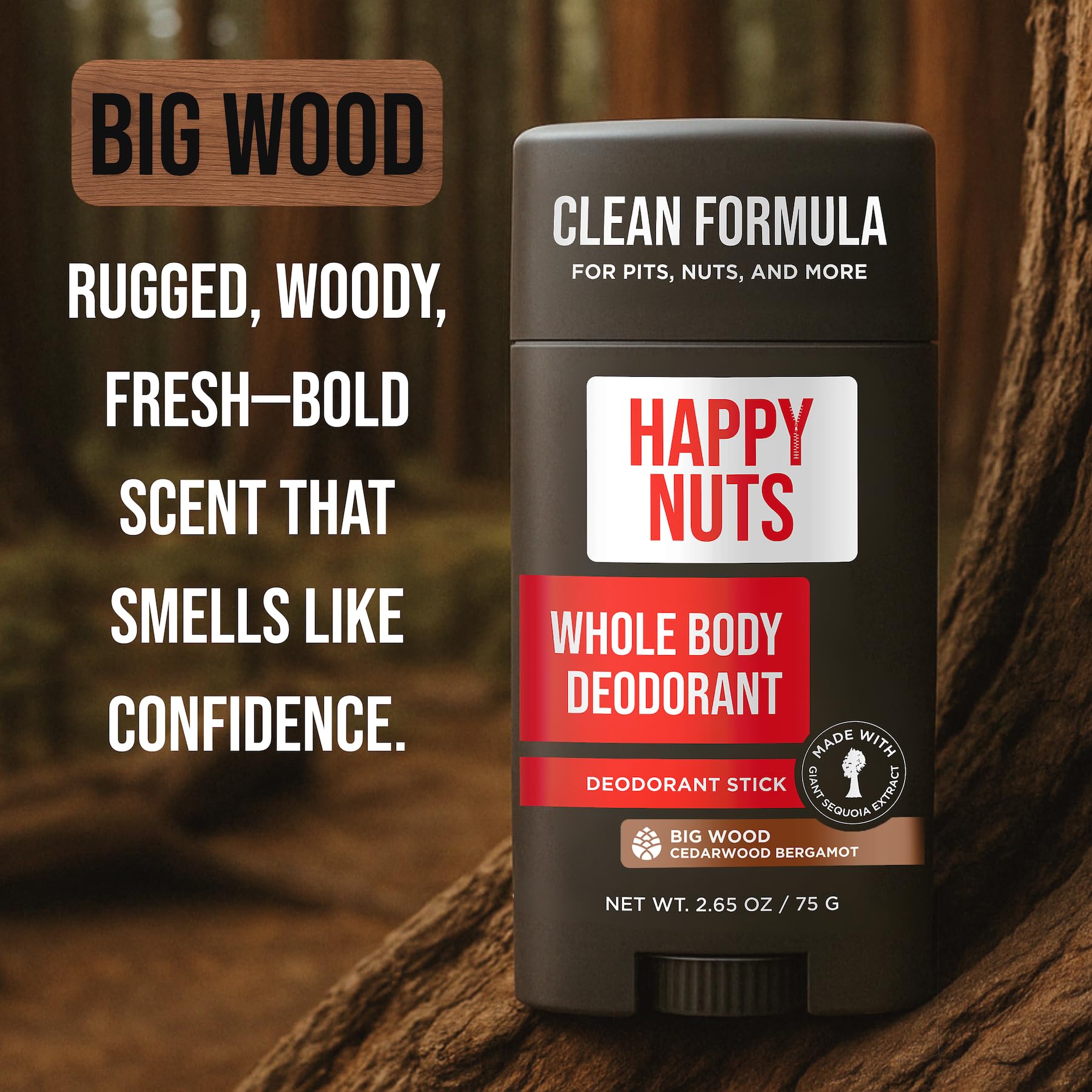 Happy Nuts Whole Body Deodorant for Men – All-Day Odor Protection, Big Wood Scent