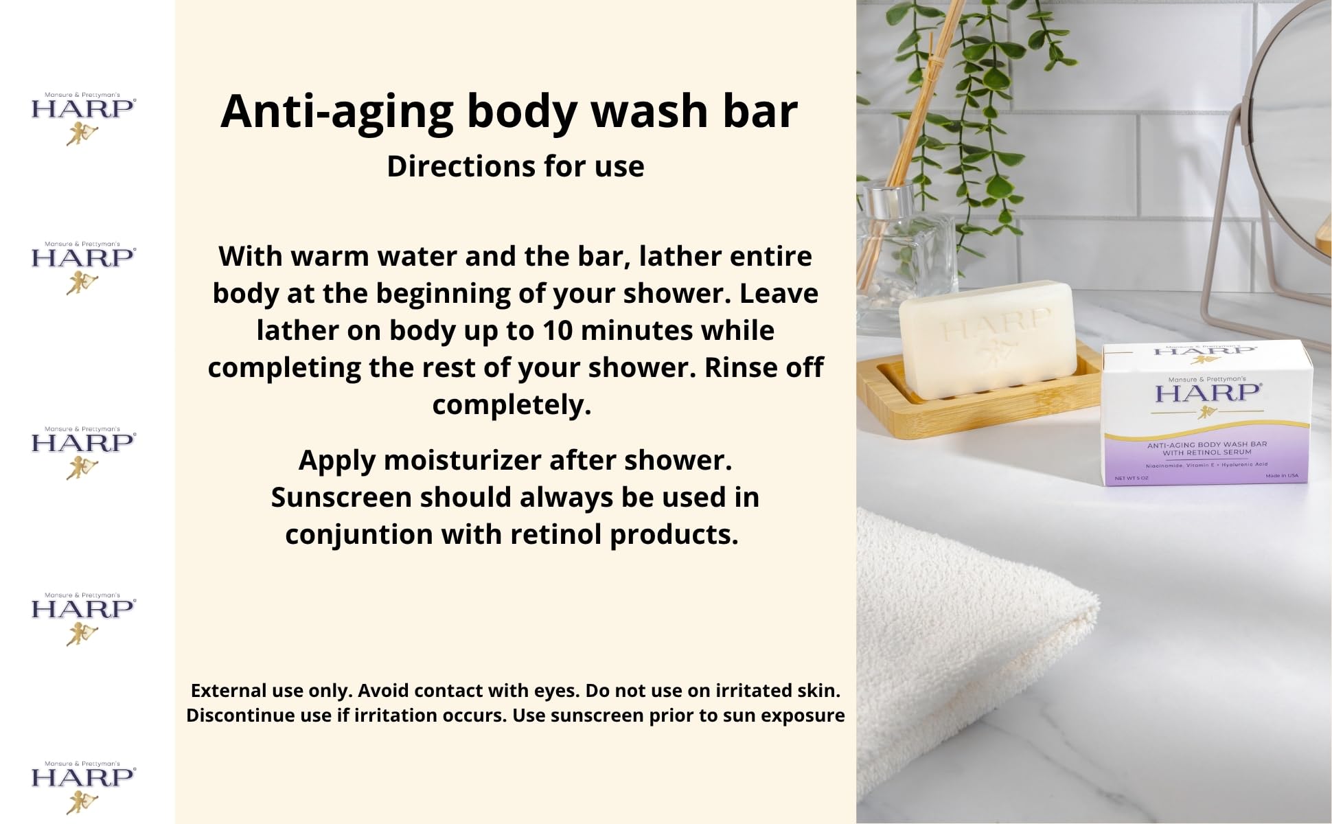 HARP® Anti-Aging Body Wash Bar with Retinol – pH-Balanced Syndet Cleanser, Fragrance-Free, Soap-Free & No Lye, Niacinamide, Hyaluronic Acid & Vitamin E, 5 oz