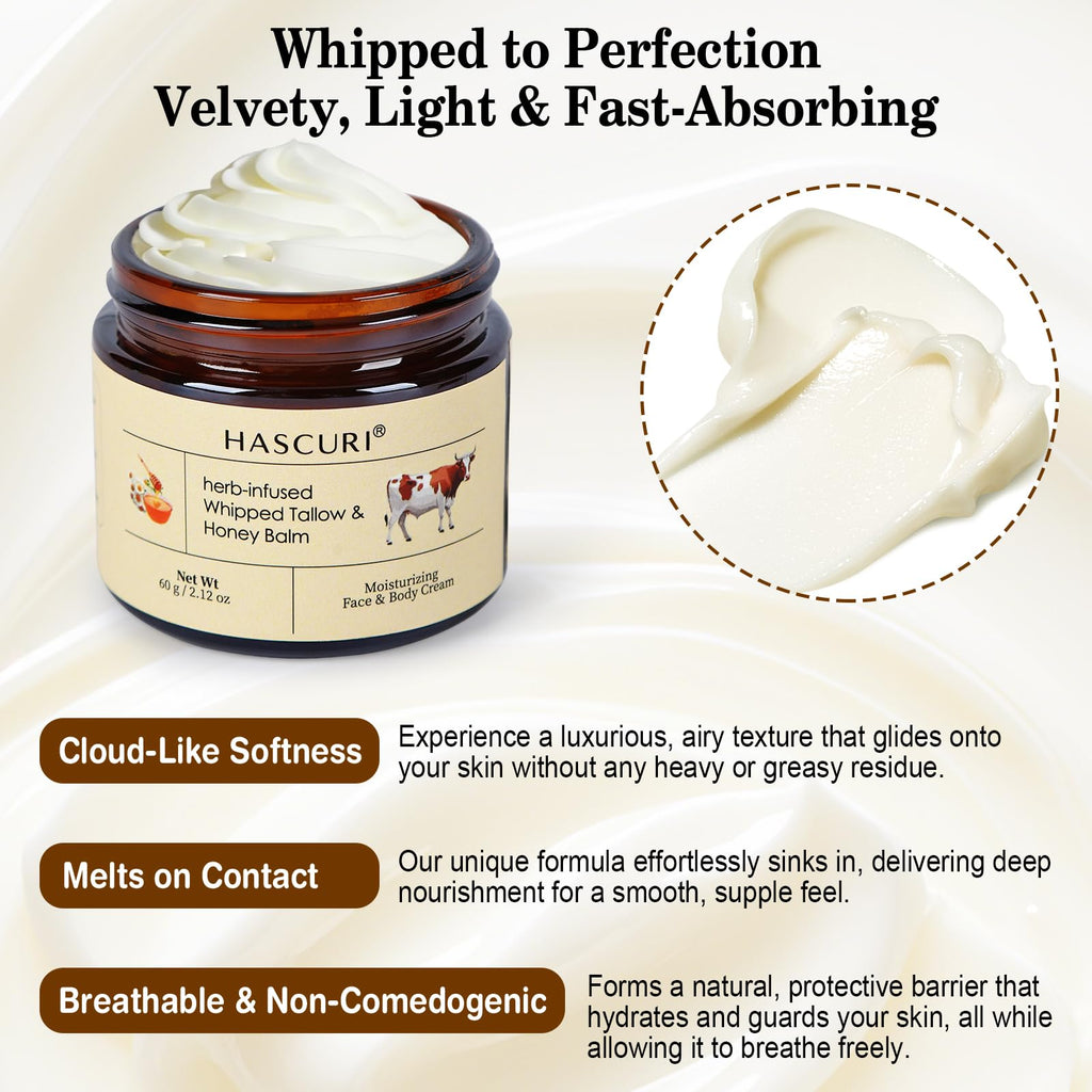 HASCURI Grass-Fed Whipped Tallow Balm — Pure Beef Tallow Moisturizer