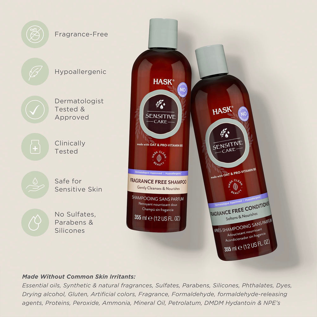 HASK Sensitive Care Shampoo + Conditioner Set - Fragrance-Free, Sulfate-Free, Vegan, Color Safe (12 oz each)