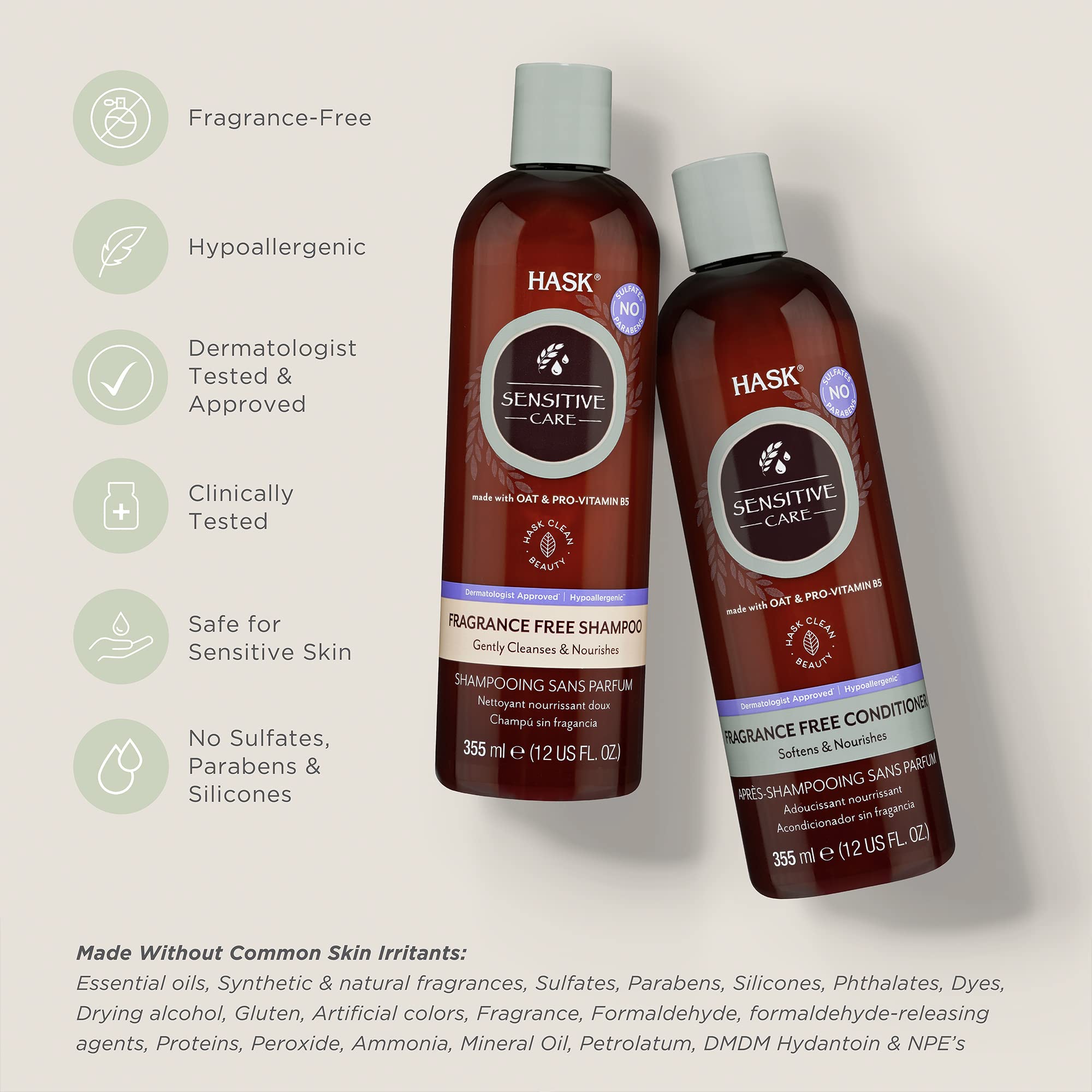 HASK Sensitive Care Shampoo + Conditioner Set - Fragrance-Free, Sulfate-Free, Vegan, Color Safe (12 oz each)