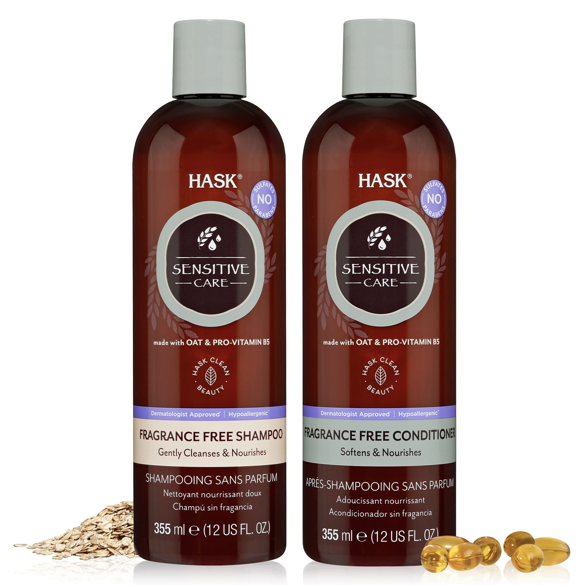 HASK Sensitive Care Shampoo + Conditioner Set - Fragrance-Free, Sulfate-Free, Vegan, Color Safe (12 oz each)