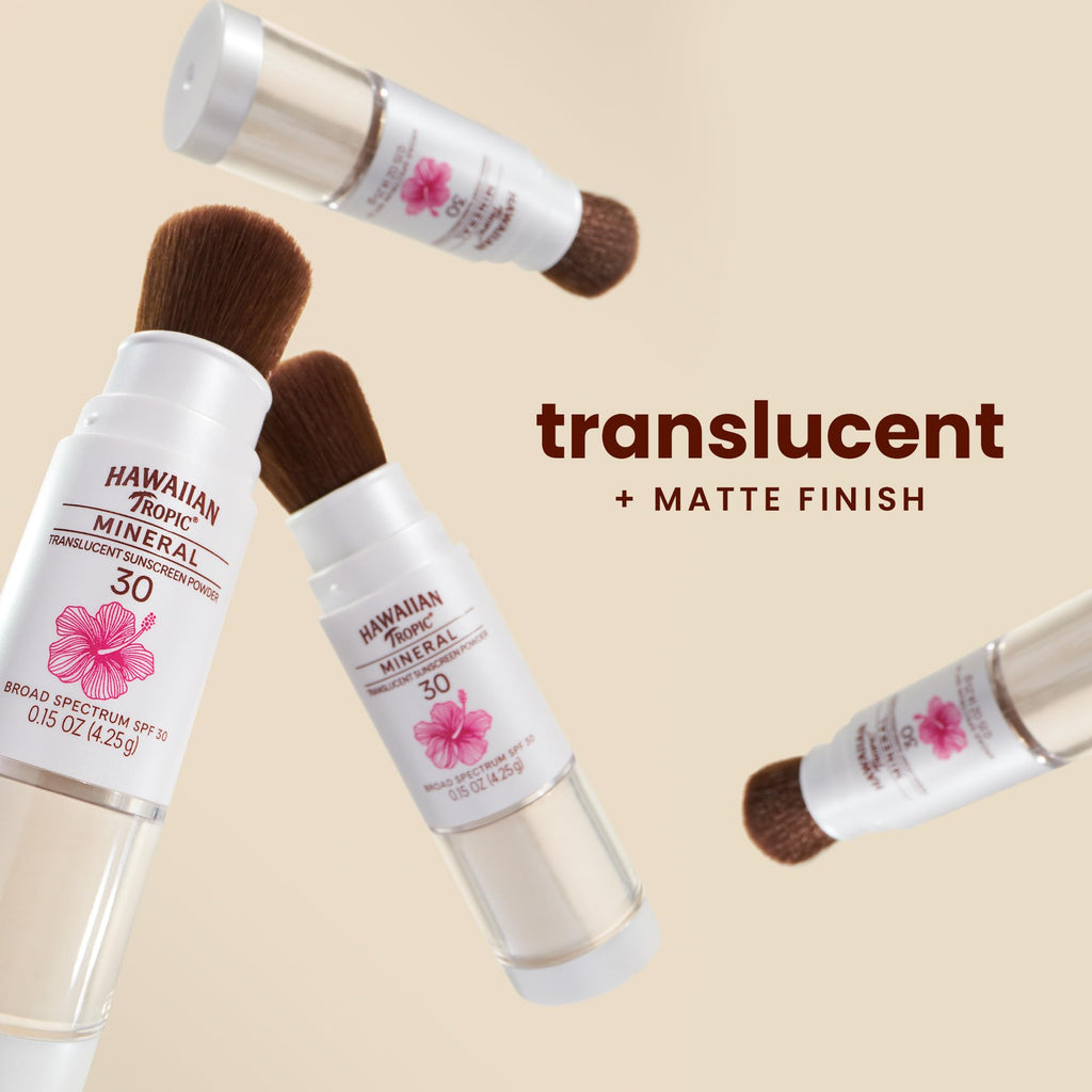 Hawaiian Tropic Mineral Translucent Sunscreen Powder Brush — SPF 30, 100% Mineral, Travel-Size