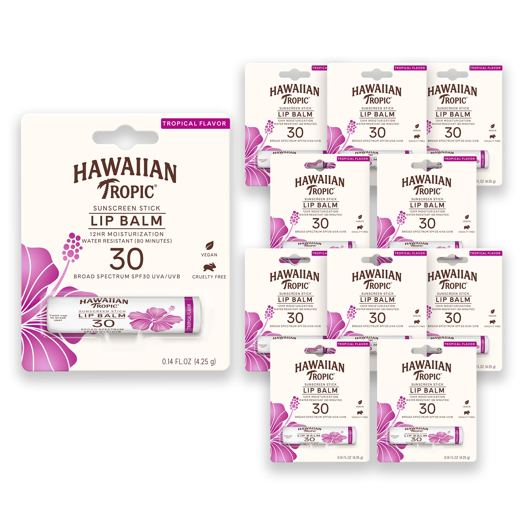 Hawaiian Tropic Tropical Lip Balm SPF 30 – 0.14oz Pack of 10 | Lip Sunscreen for Beach & Travel