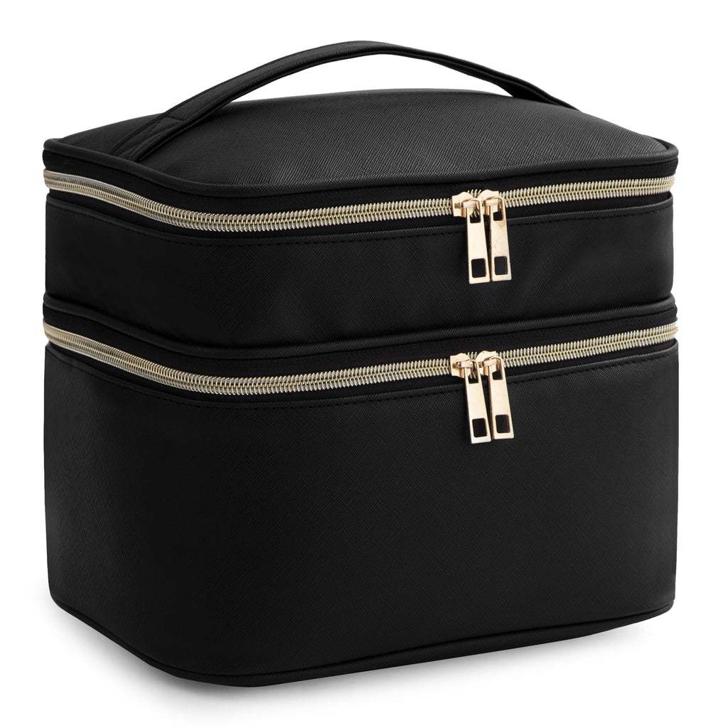 HBlife Double Layer Travel Makeup Bag – Leather Cosmetic Case with Handle & Removable Divider (Black)