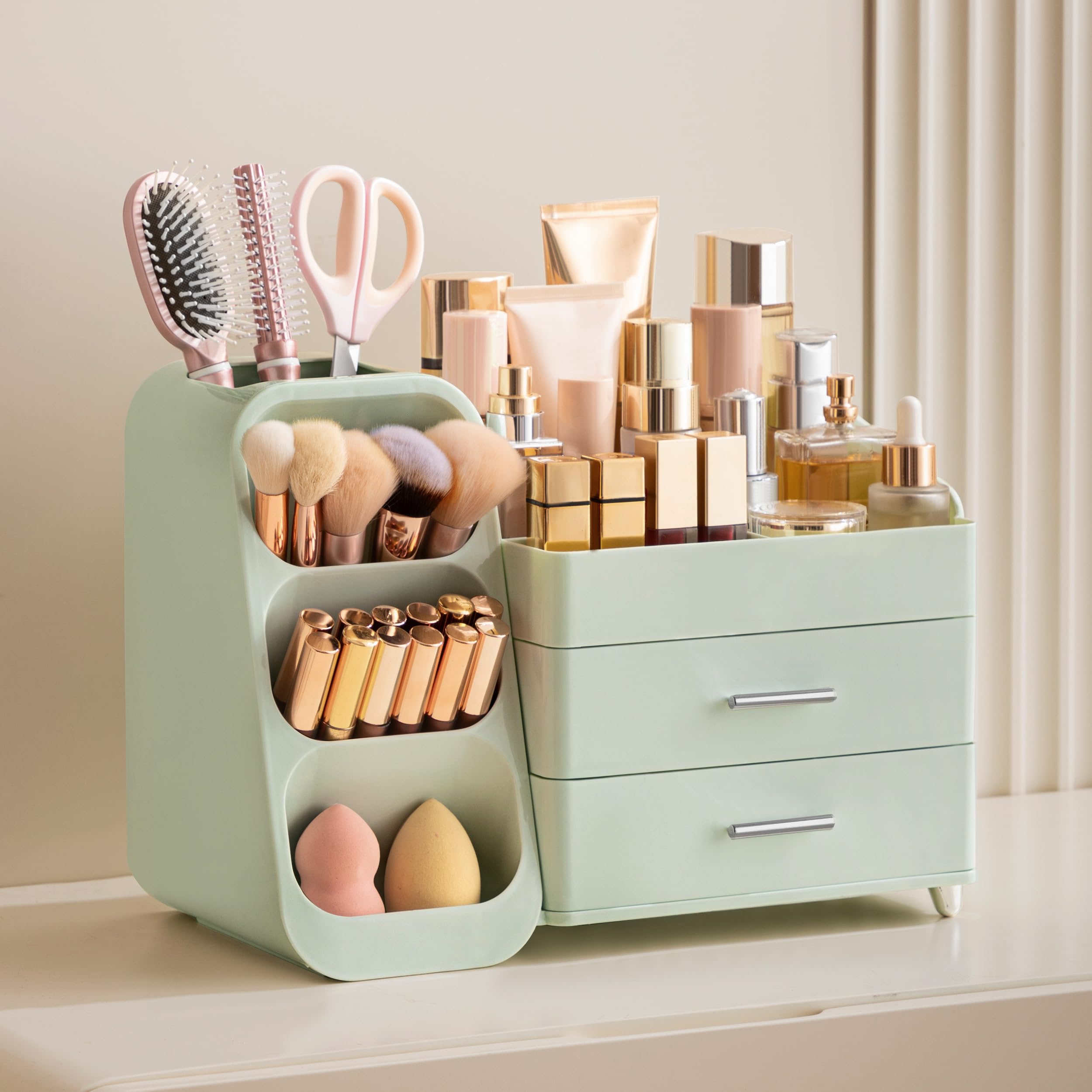 HBlife Makeup Organizer with Brush Holder – Large Vanity Storage, All Green