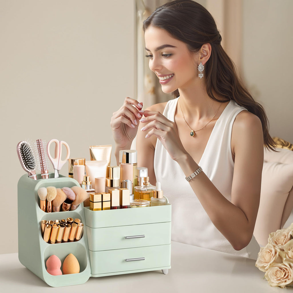 HBlife Makeup Organizer with Brush Holder – Large Vanity Storage, All Green