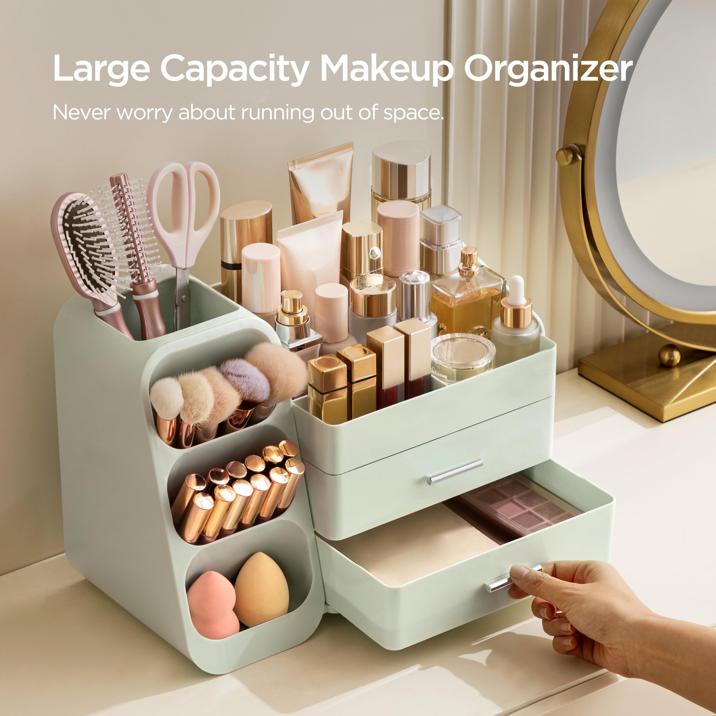 HBlife Makeup Organizer with Brush Holder – Large Vanity Storage, All Green
