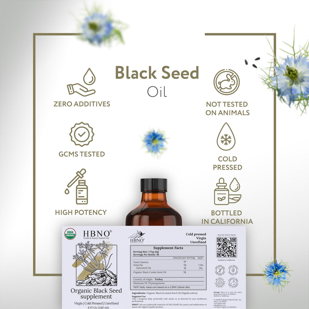 HBNO Organic Black Seed Oil - 8oz Glass Bottle | USDA Certified Organic, Cold-Pressed Nigella Sativa