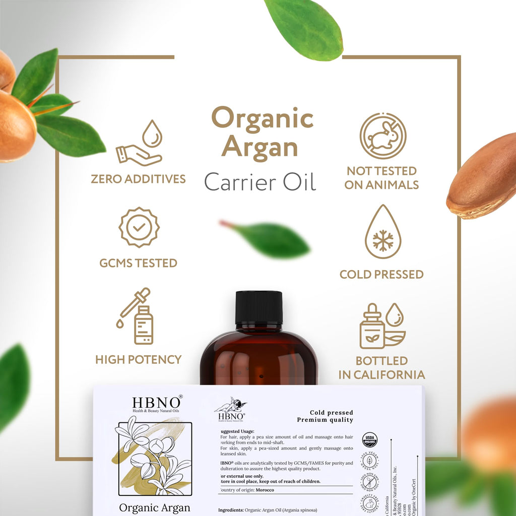 HBNO Organic Argan Oil - 16 oz Cold-Pressed Carrier Oil for Massage, Skin, Hair