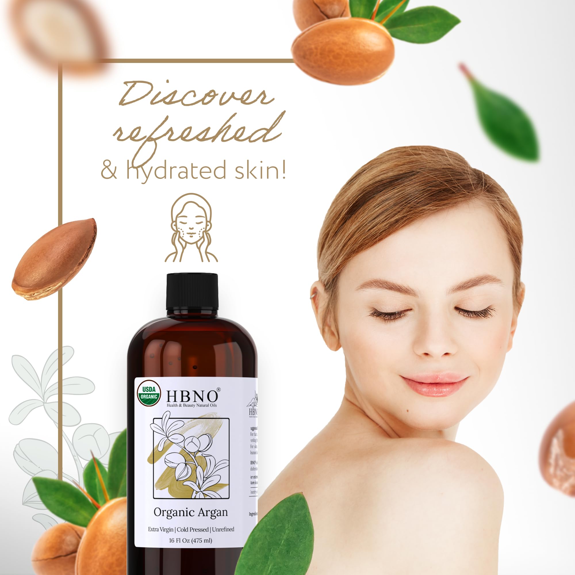HBNO Organic Argan Oil - 16 oz Cold-Pressed Carrier Oil for Massage, Skin, Hair