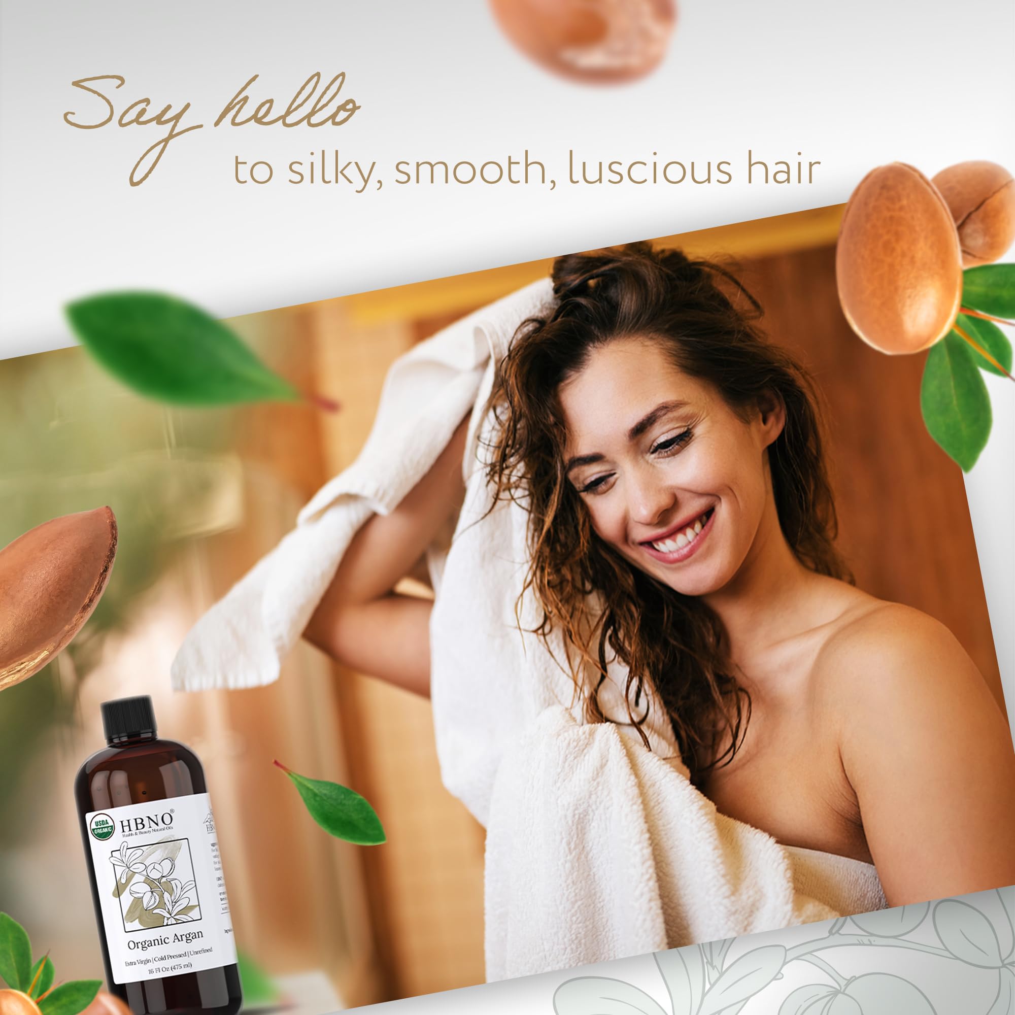 HBNO Organic Argan Oil - 16 oz Cold-Pressed Carrier Oil for Massage, Skin, Hair