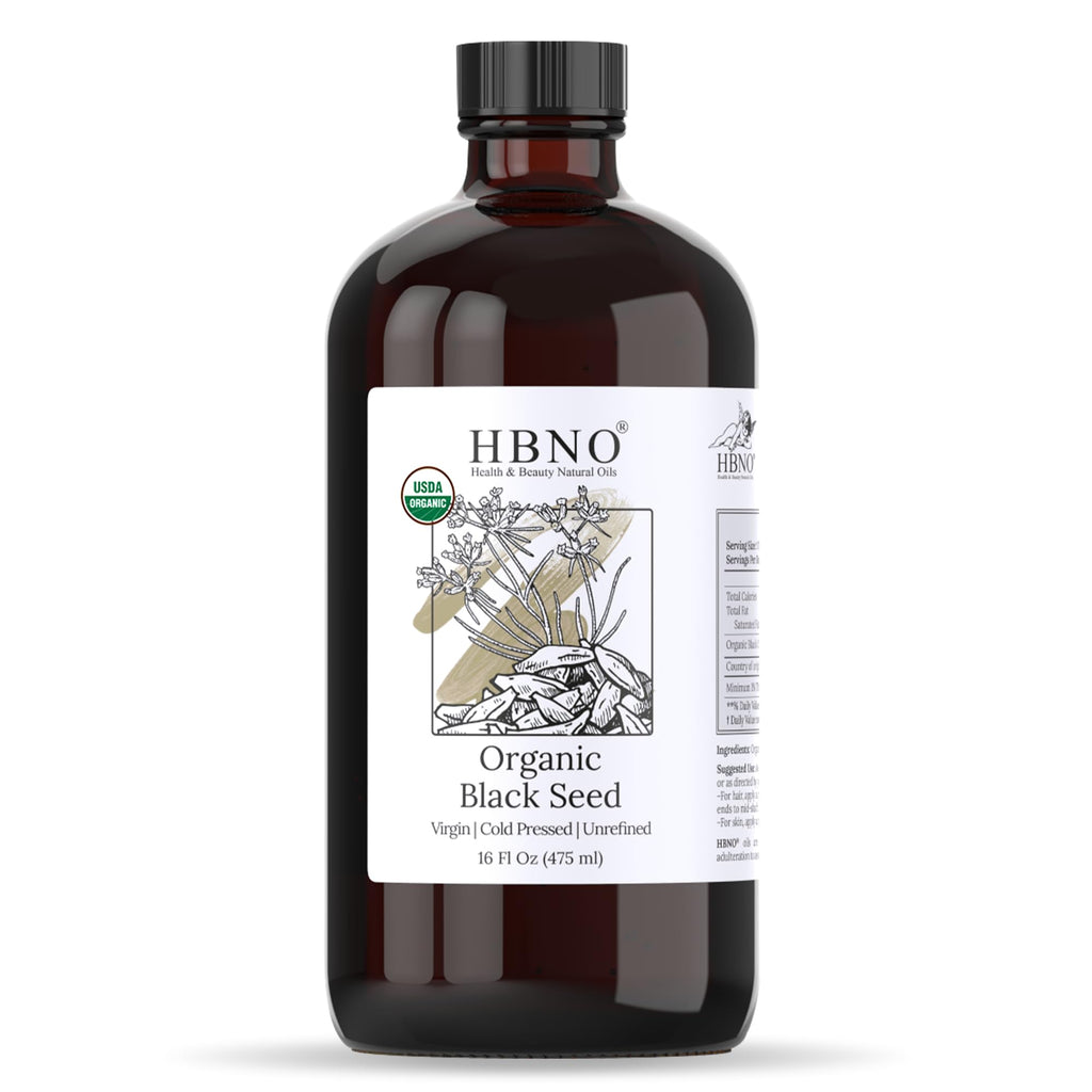 HBNO Organic Black Seed Oil – 16 oz Glass Bottle, Cold-Pressed, USDA Organic