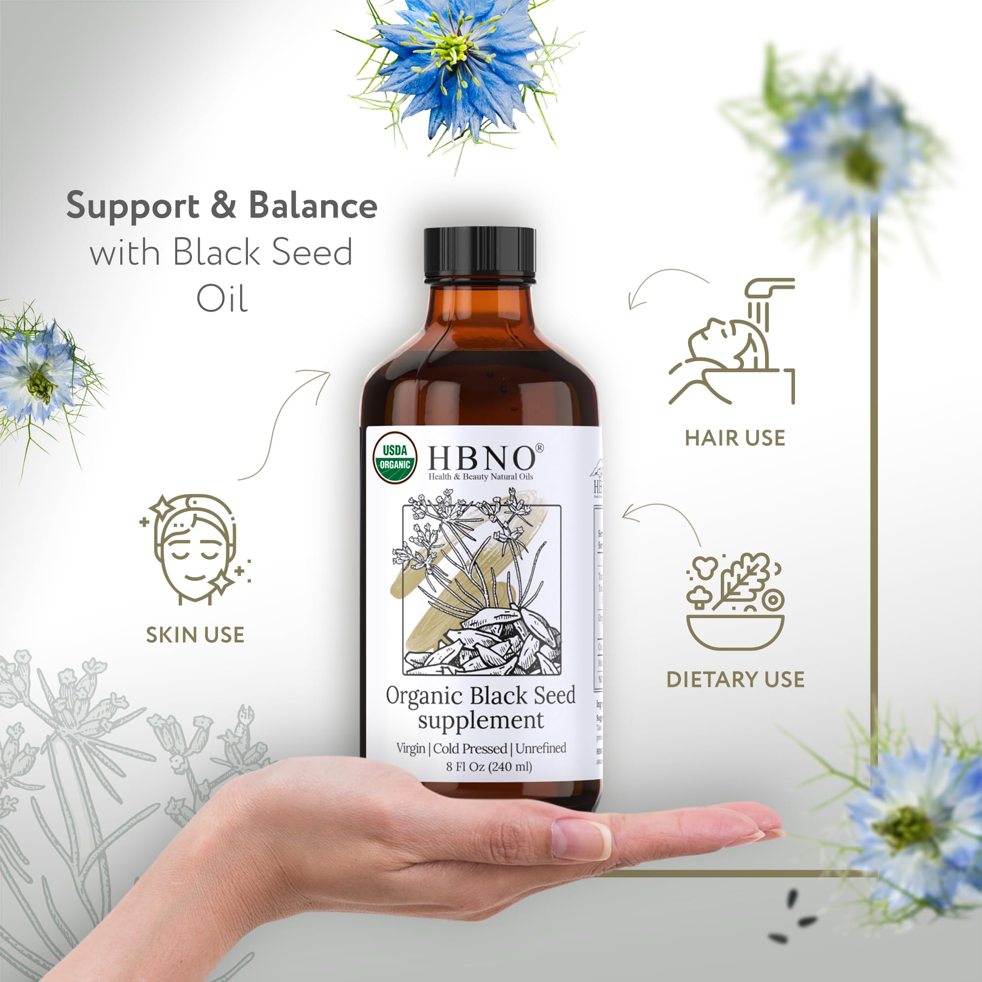HBNO Organic Black Seed Oil - 8oz Glass Bottle | USDA Certified Organic, Cold-Pressed Nigella Sativa