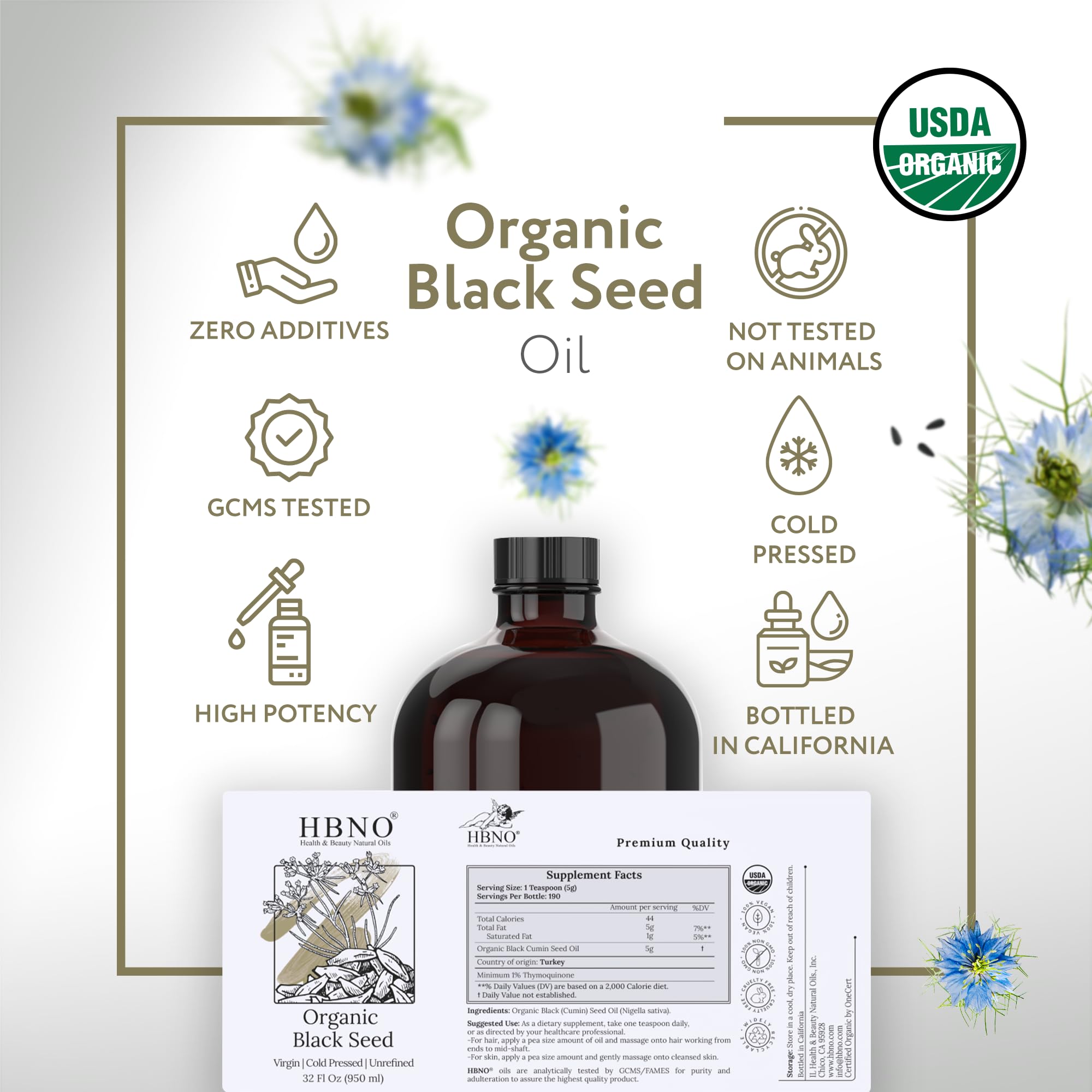 HBNO Organic Black Seed Oil 32oz Bottle | USDA Organic & Cold-Pressed