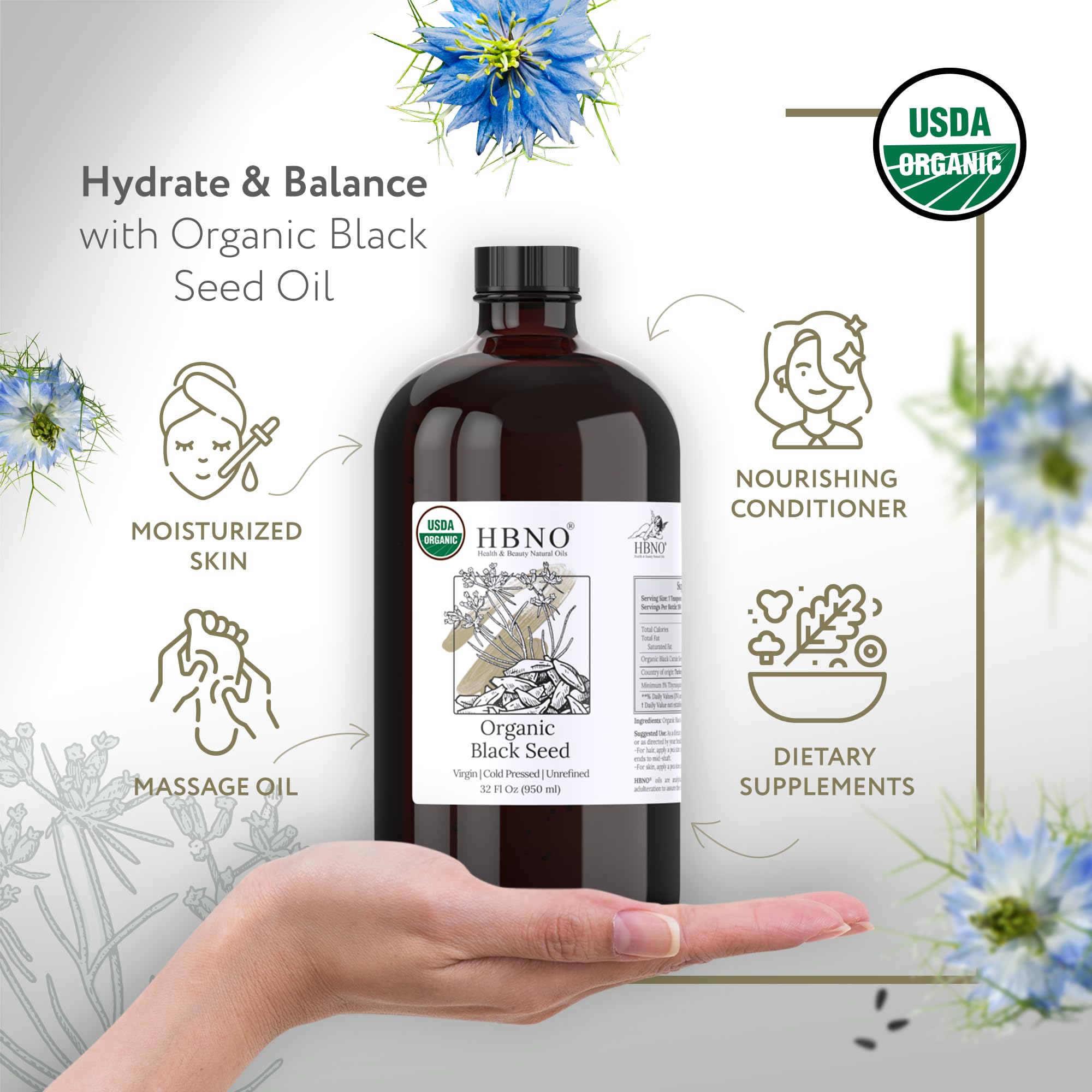 HBNO Organic Black Seed Oil 32oz Bottle | USDA Organic & Cold-Pressed