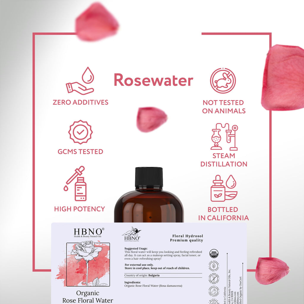 HBNO California Rose Water 16 oz USDA Certified for Face & Hair