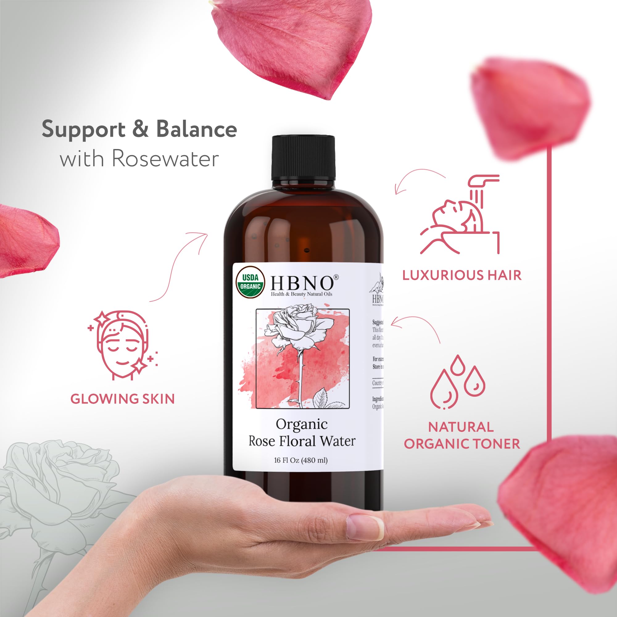 HBNO California Rose Water 16 oz USDA Certified for Face & Hair
