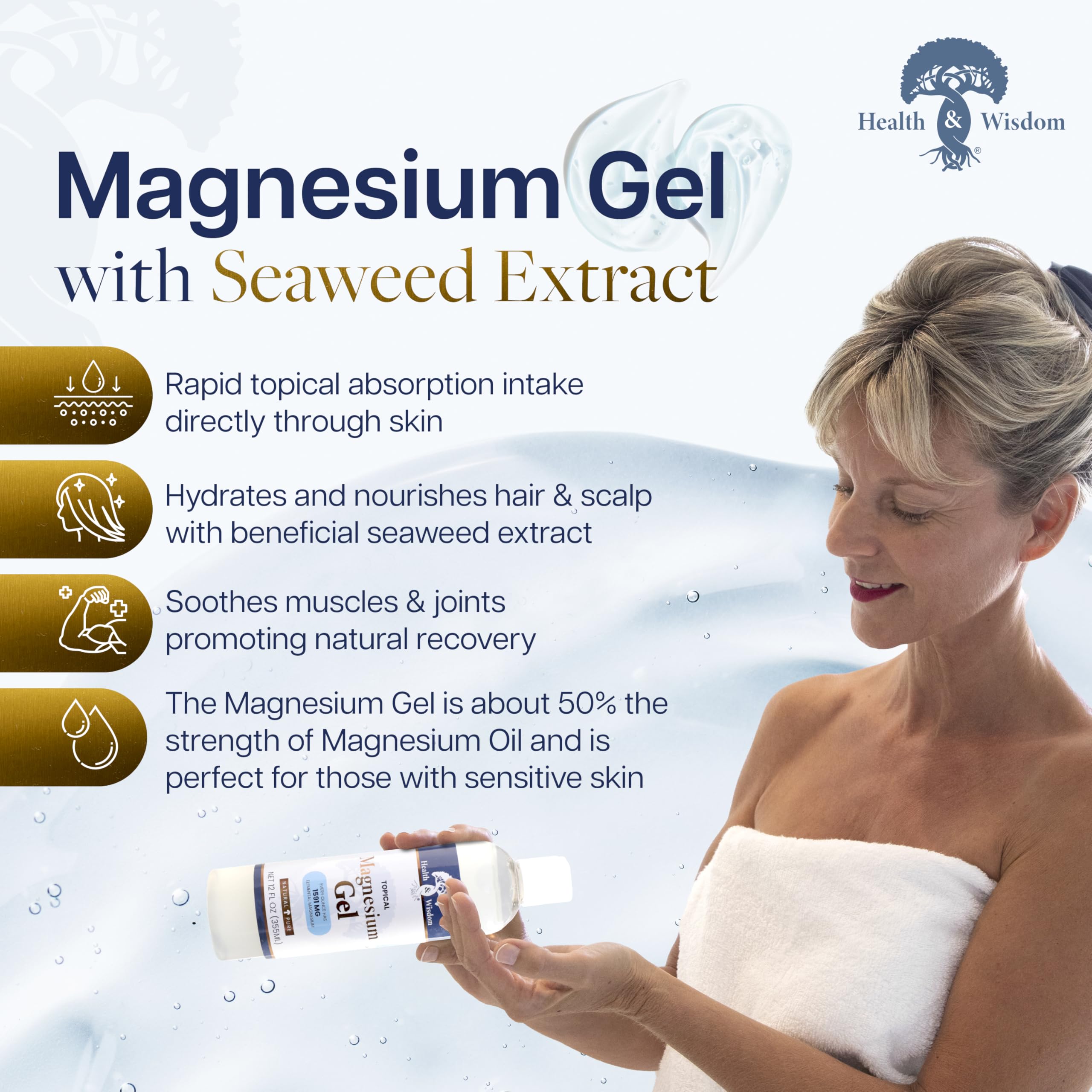 Health and Wisdom Pure Magnesium Gel with Seaweed Extract | Enhanced Absorption & Skin Moisture | 64 Fl oz
