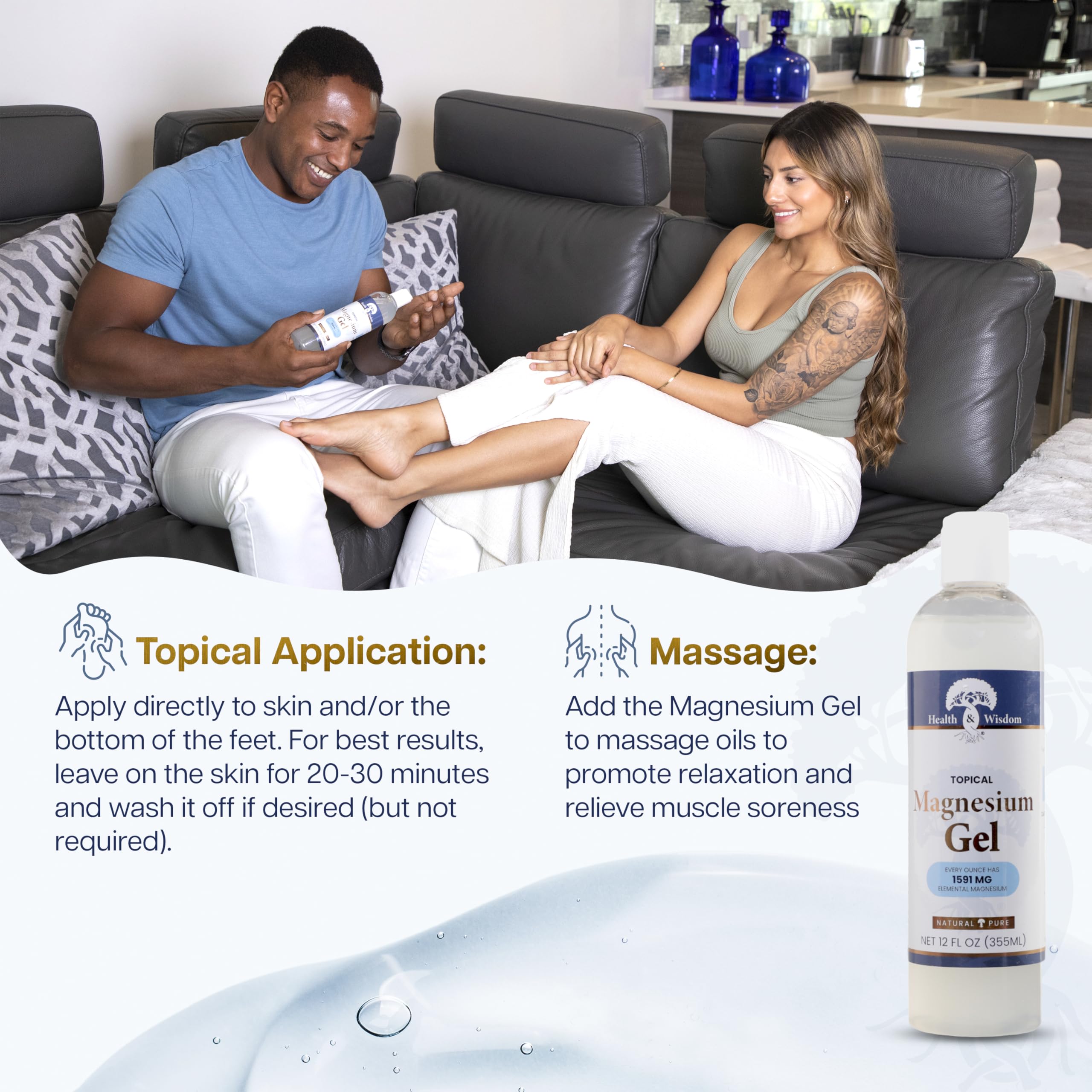 Health and Wisdom Pure Magnesium Gel with Seaweed Extract | Enhanced Absorption & Skin Moisture | 64 Fl oz