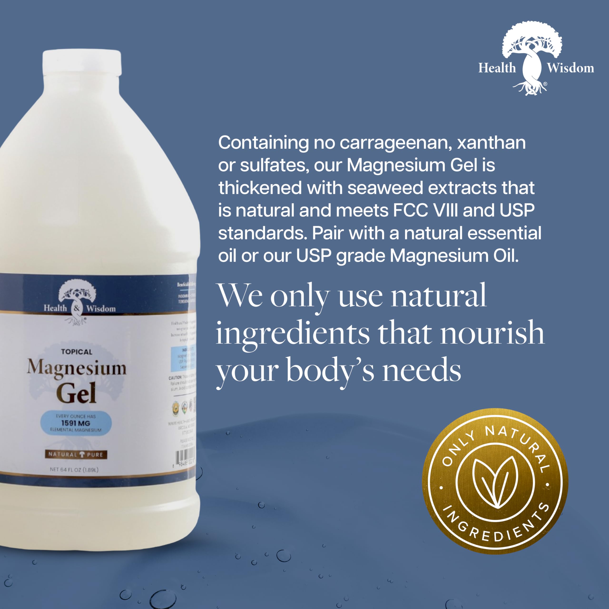 Health and Wisdom Pure Magnesium Gel with Seaweed Extract | Enhanced Absorption & Skin Moisture | 64 Fl oz