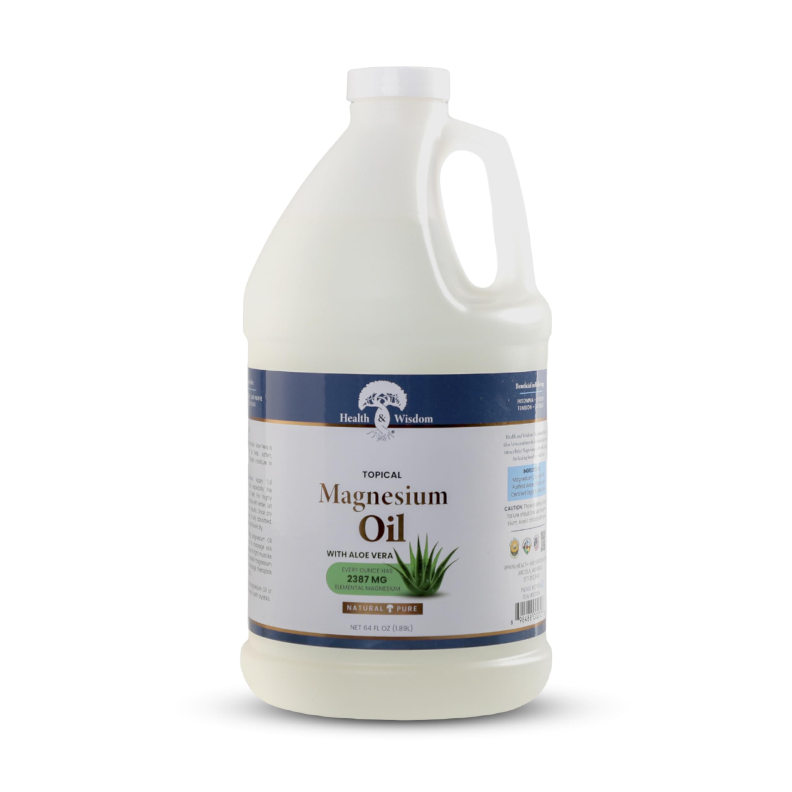 Health & Wisdom Pure Magnesium Oil with Aloe Vera – Topical Muscle & Joint Relief, 64 oz