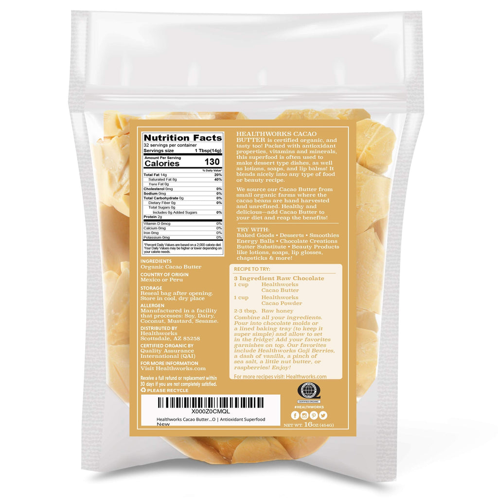 Healthworks Superfoods Organic Cacao Butter - 16 oz | USDA Organic, Unrefined & Non-GMO