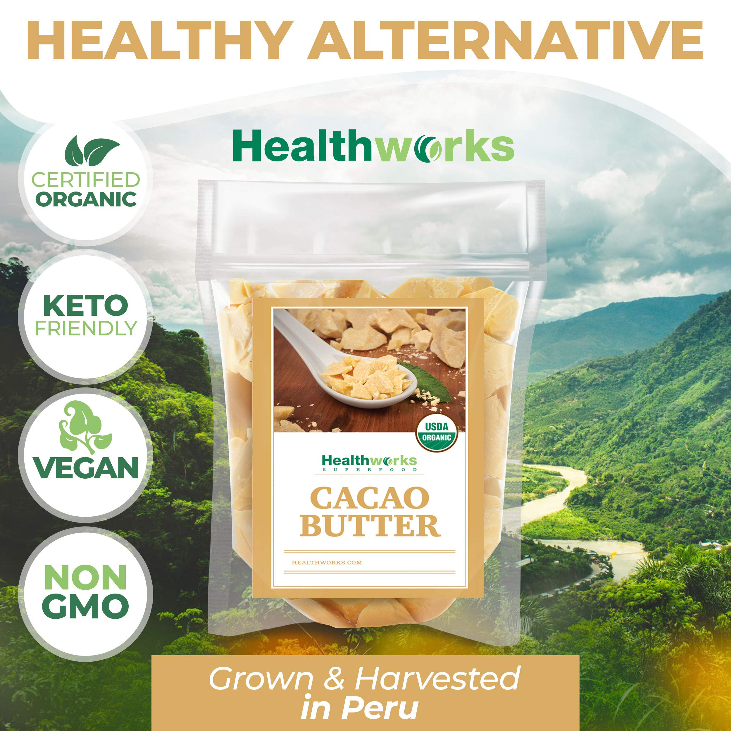 Healthworks Superfoods Organic Cacao Butter - 16 oz | USDA Organic, Unrefined & Non-GMO