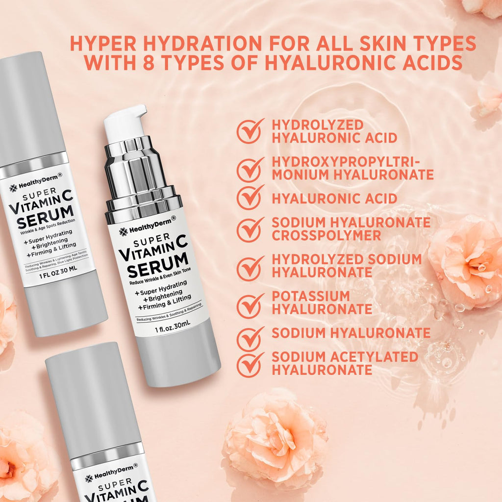 HealthyDerm Super Vitamin C Serum for Women Over 70 – Pack of 3 | Niacinamide, Hyaluronic Acid, Peptides, Bakuchiol, Vitamin E