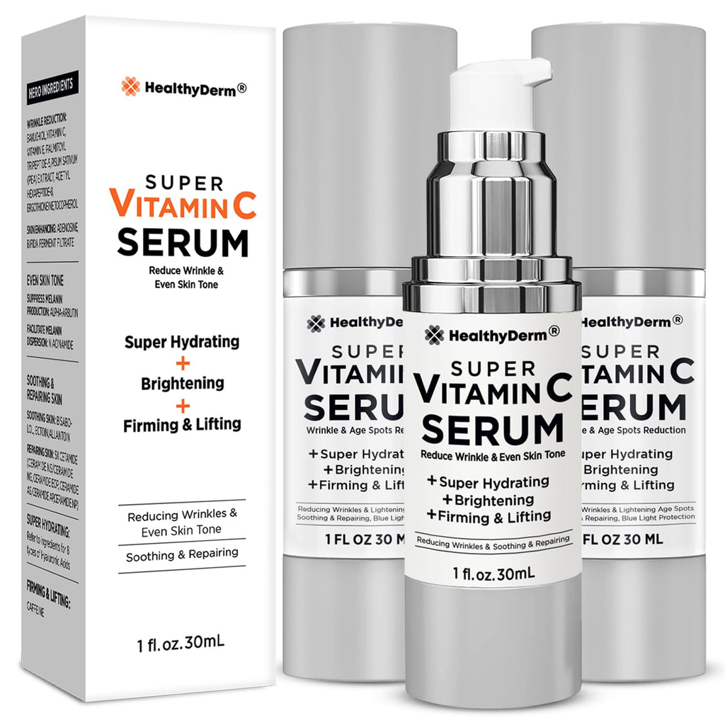 HealthyDerm Super Vitamin C Serum for Women Over 70 – Pack of 3 | Niacinamide, Hyaluronic Acid, Peptides, Bakuchiol, Vitamin E
