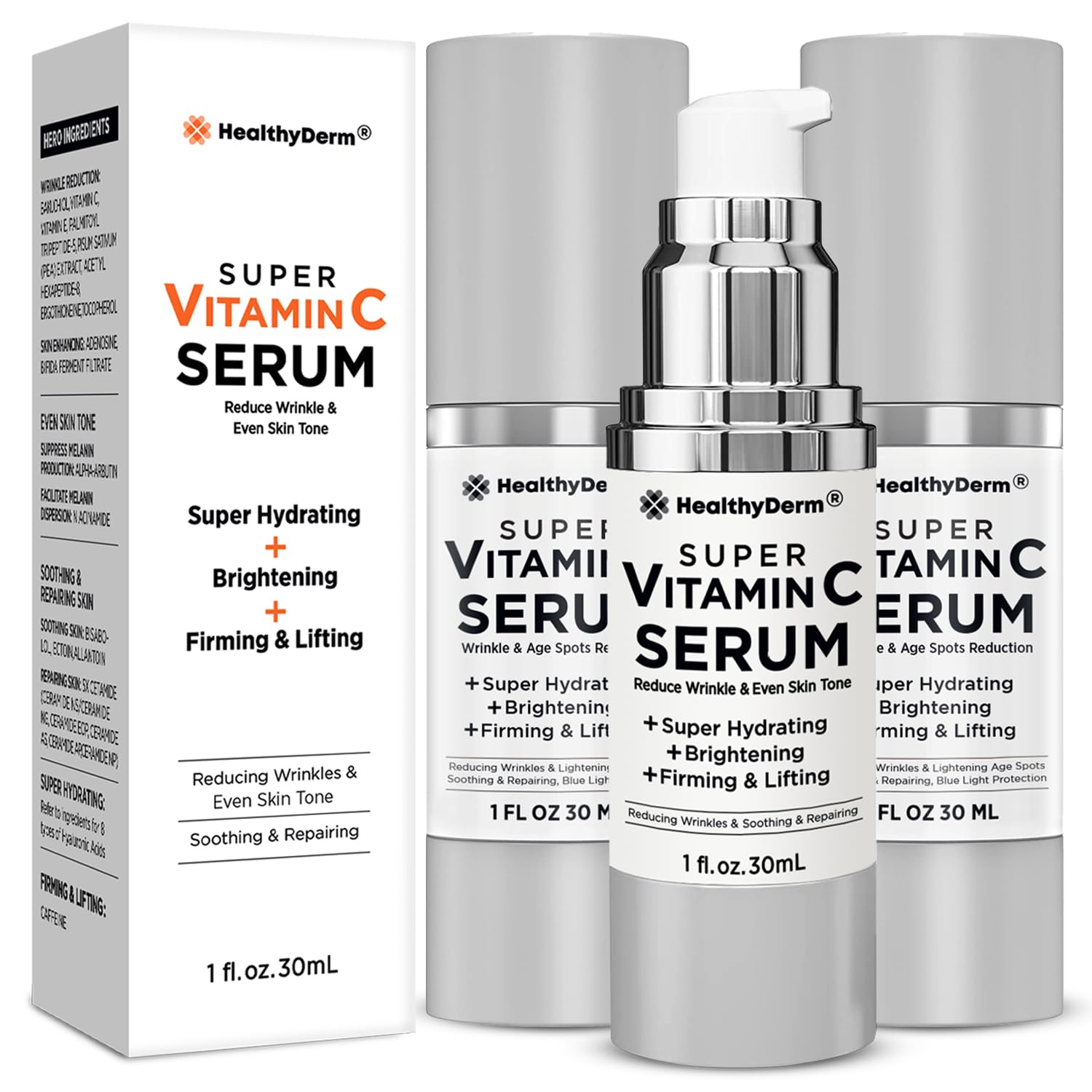 HealthyDerm Super Vitamin C Serum for Women Over 70 – Pack of 3 | Niacinamide, Hyaluronic Acid, Peptides, Bakuchiol, Vitamin E