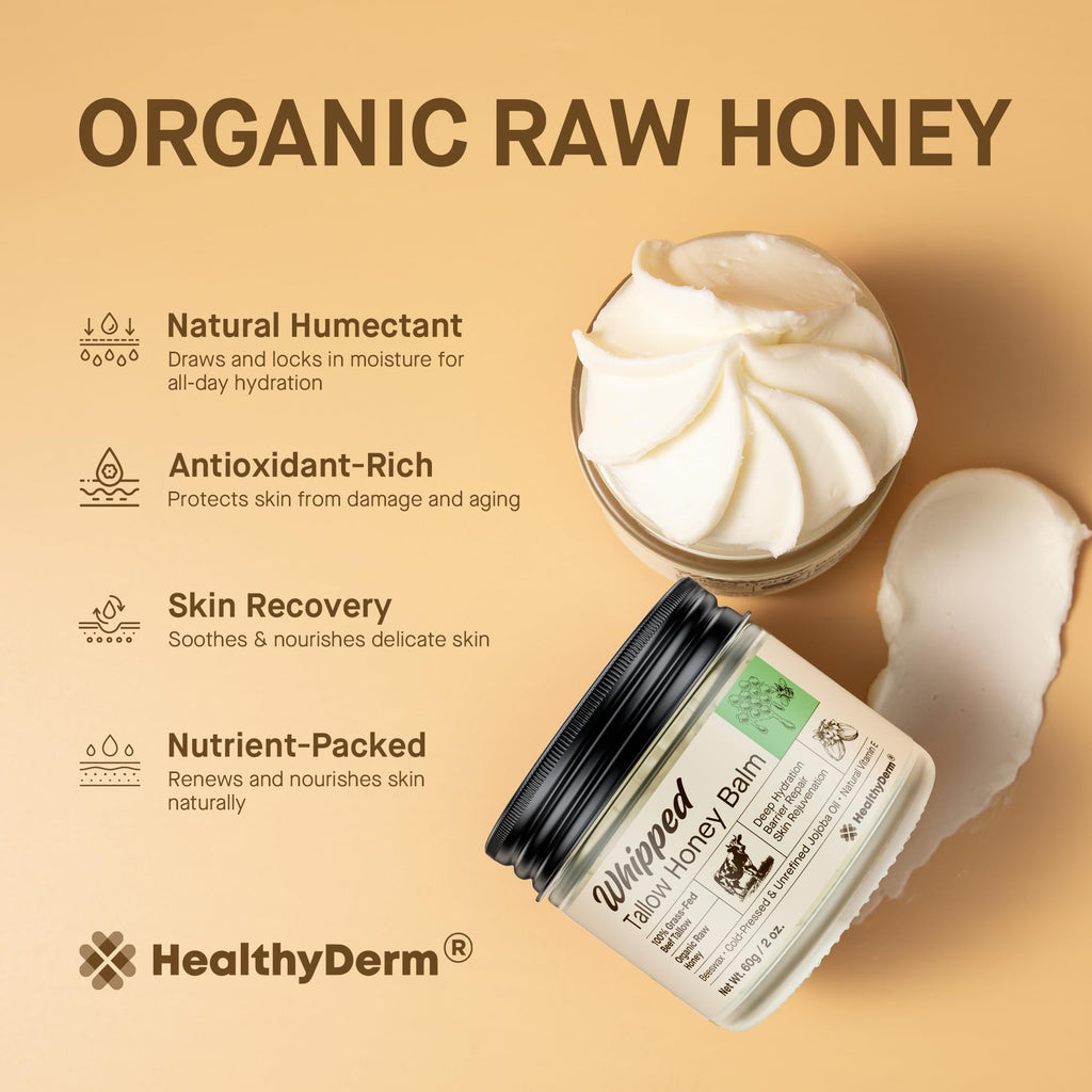 HealthyDerm Beef Tallow Honey Balm – 100% Grass-Fed Whipped Moisturizer (2oz)
