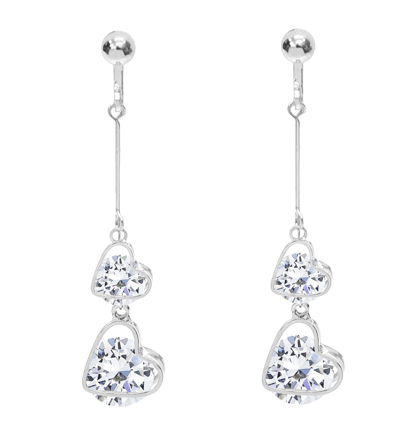 Crystal Drop Dangle Clip On Earrings Tassel Non Pierced Heart Silver