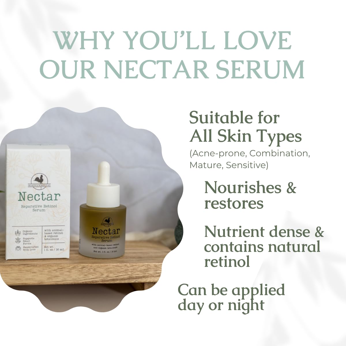 Nectar Natural Retinol Serum by Hearth & Homestead – Cod Liver Oil, Tallow & Emu Oil | 1 fl oz