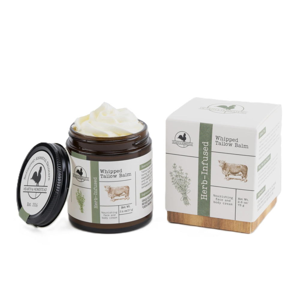Hearth and Homestead Whipped Tallow Balm – Herb-Infused or Unscented (Large 2.6 oz Jar)