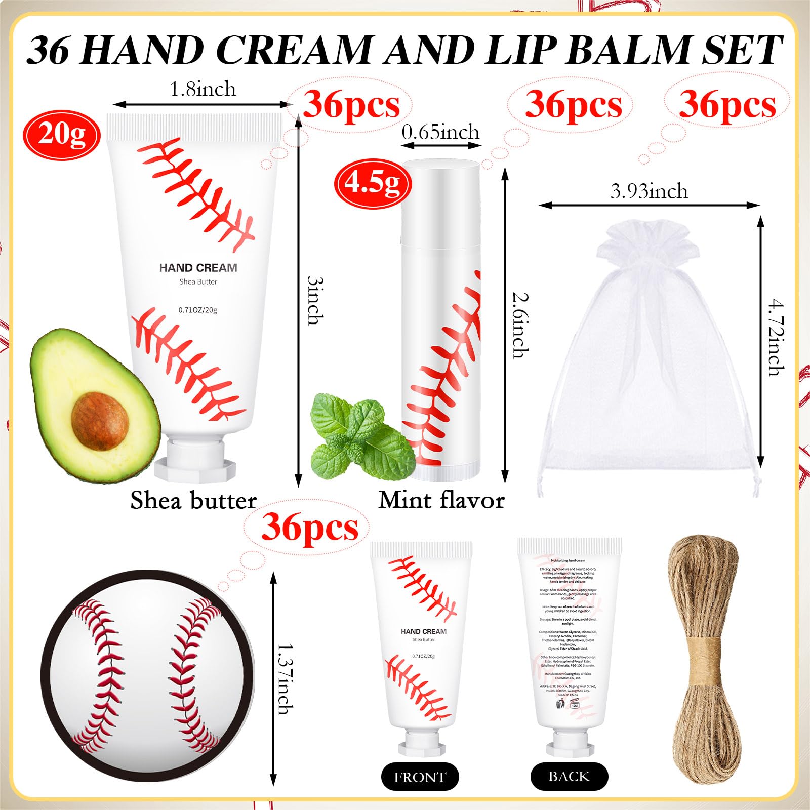 Heigble 144 Pcs Baseball Lip Balm Hand Cream Set – Baseball Party Supplies Gift Kit