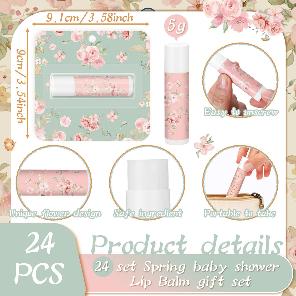 Heigble 24 Pcs Tea Party Lip Balm – Floral Pink Lip Balms for Spring Gifts, Travel Size Moisturizing Lip Care