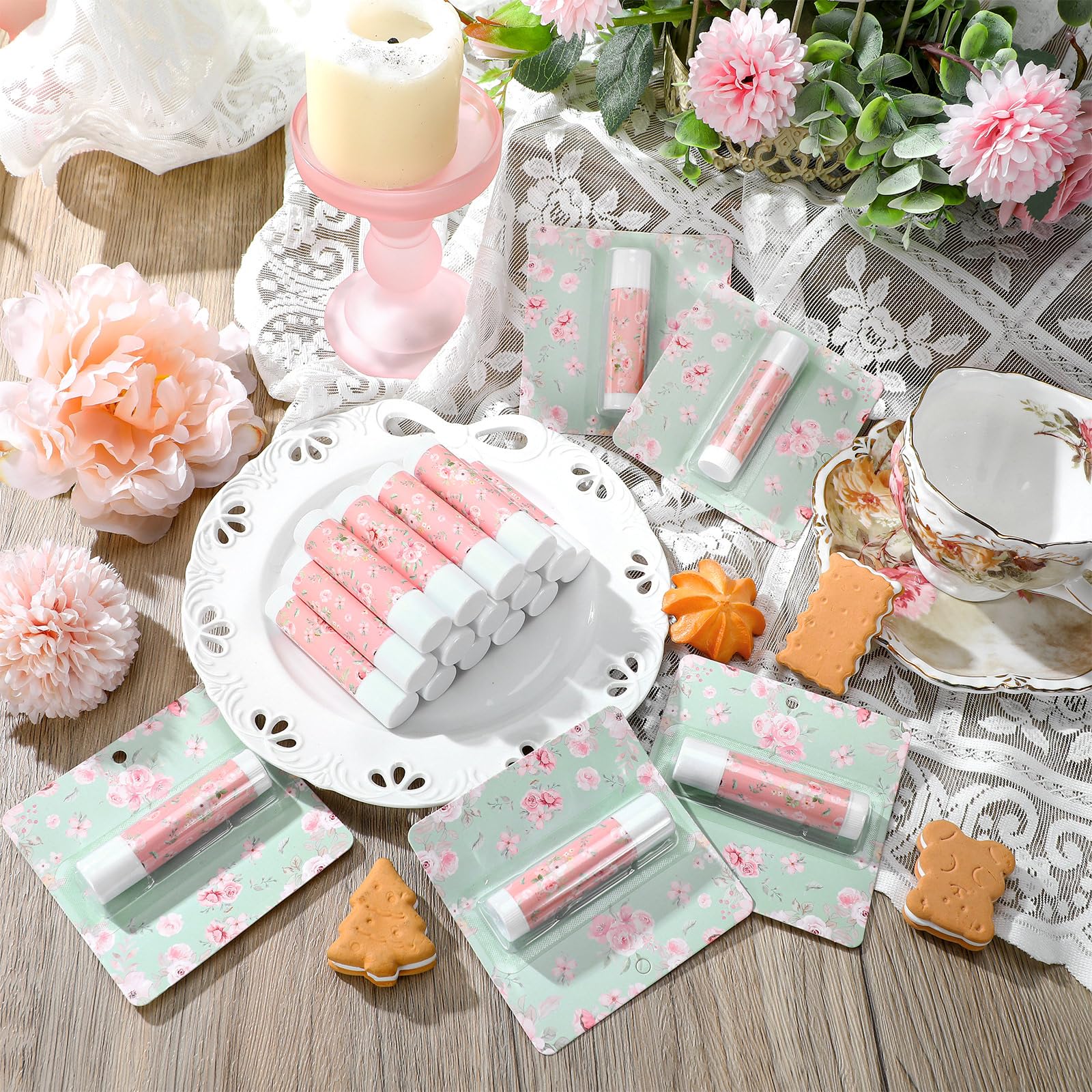 Heigble 24 Pcs Tea Party Lip Balm – Floral Pink Lip Balms for Spring Gifts, Travel Size Moisturizing Lip Care