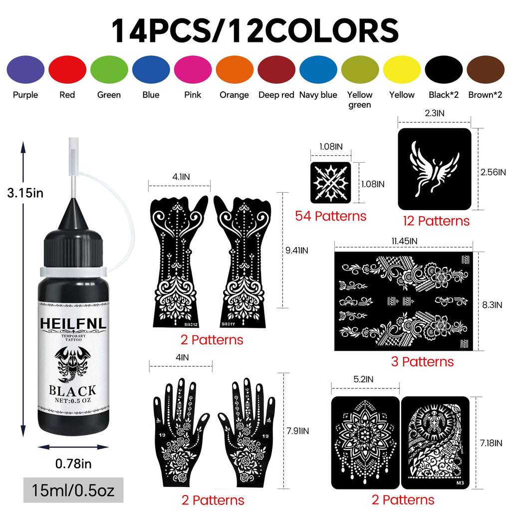 HEILFNL Temporary Tattoo Kit — 14 Color Inks & 75 Stencils for DIY Body Art