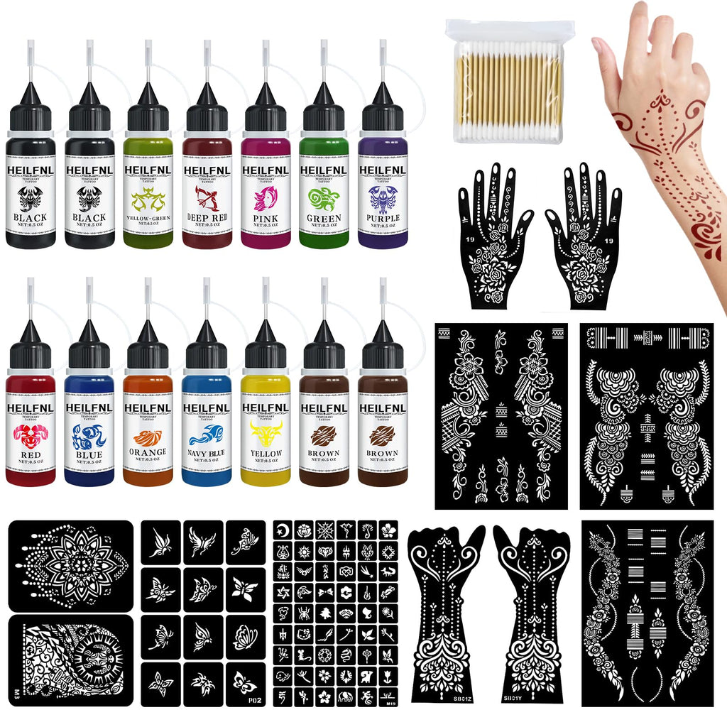 HEILFNL Temporary Tattoo Kit — 14 Color Inks & 75 Stencils for DIY Body Art