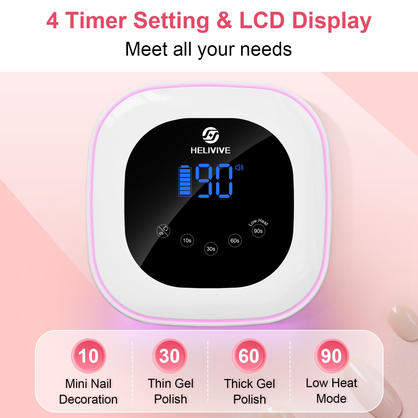 HELIVIVE Cordless UV LED Nail Lamp 80W – 4 Timers, Mirror Base, Pink Ambient Ring