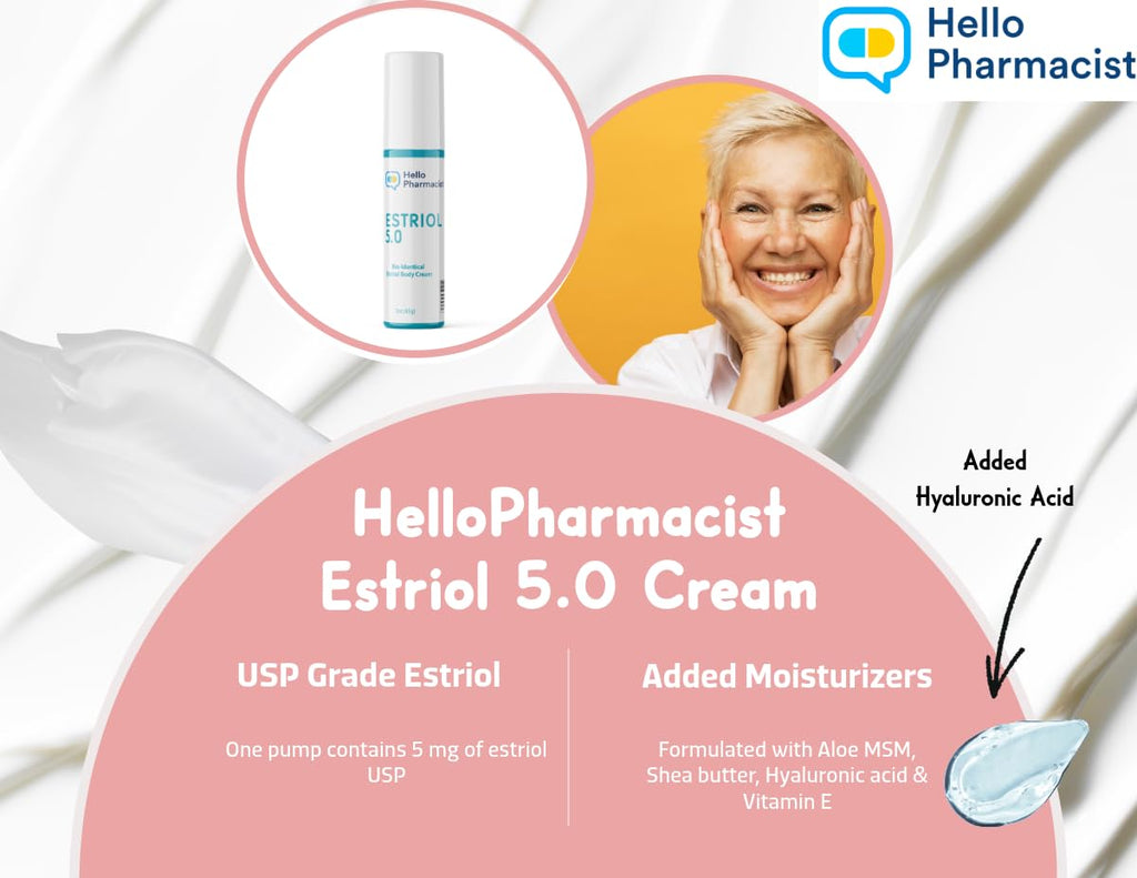 HelloPharmacist Natural Bioidentical Estriol 5.0 Cream for Women – Hydration with Hyaluronic Acid – 3 oz