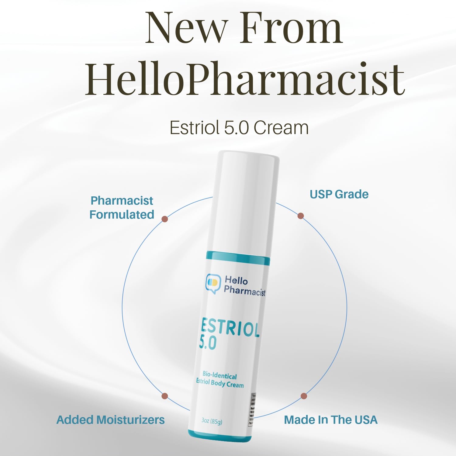 HelloPharmacist Natural Bioidentical Estriol 5.0 Cream for Women – Hydration with Hyaluronic Acid – 3 oz