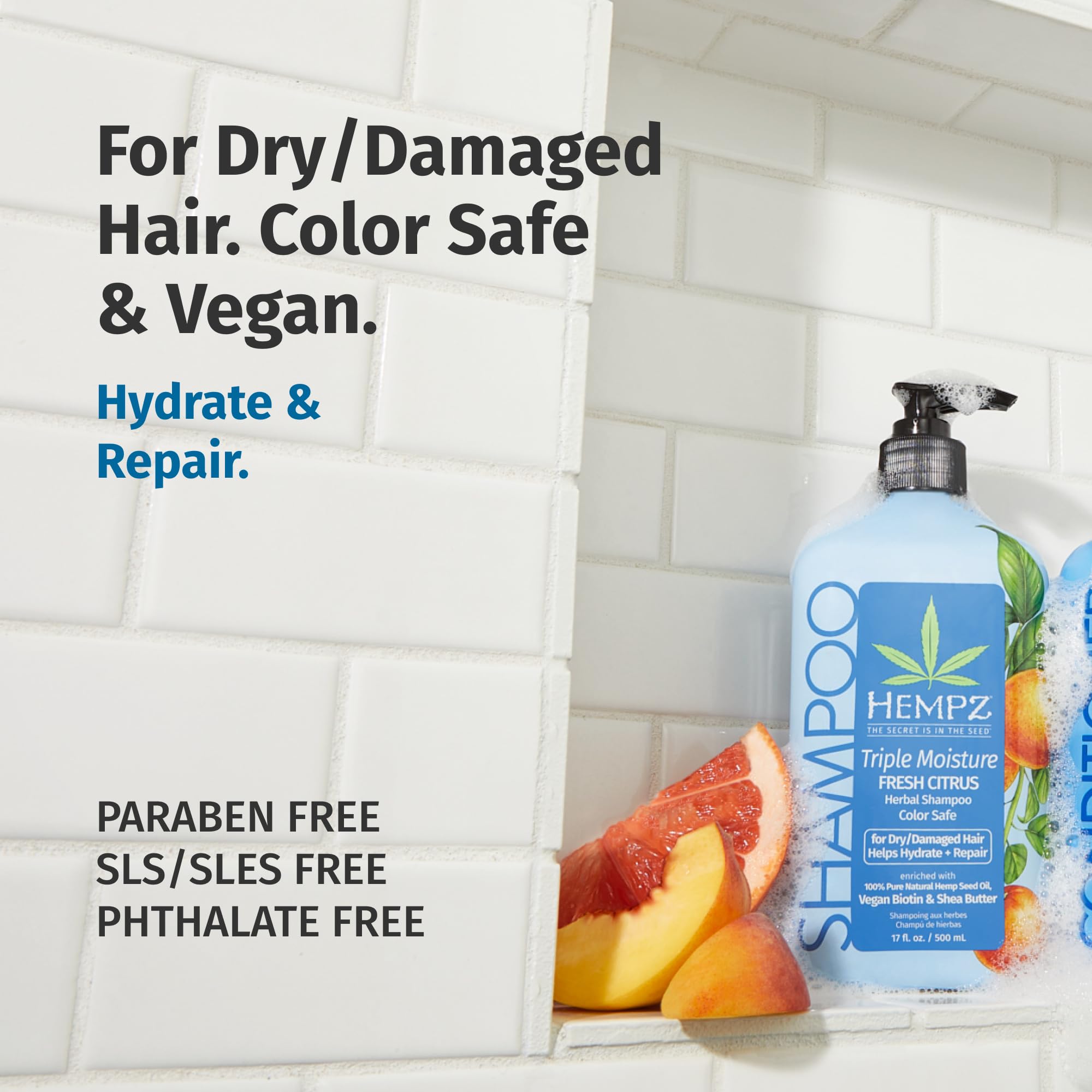 Hempz Biotin Hair Shampoo – Triple Moisture Fresh Citrus for Color-Treated & Dry Hair | 33.8 fl oz