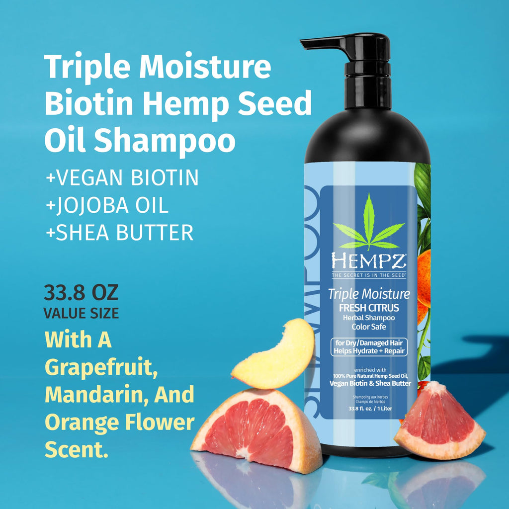 Hempz Biotin Hair Shampoo – Triple Moisture Fresh Citrus for Color-Treated & Dry Hair | 33.8 fl oz