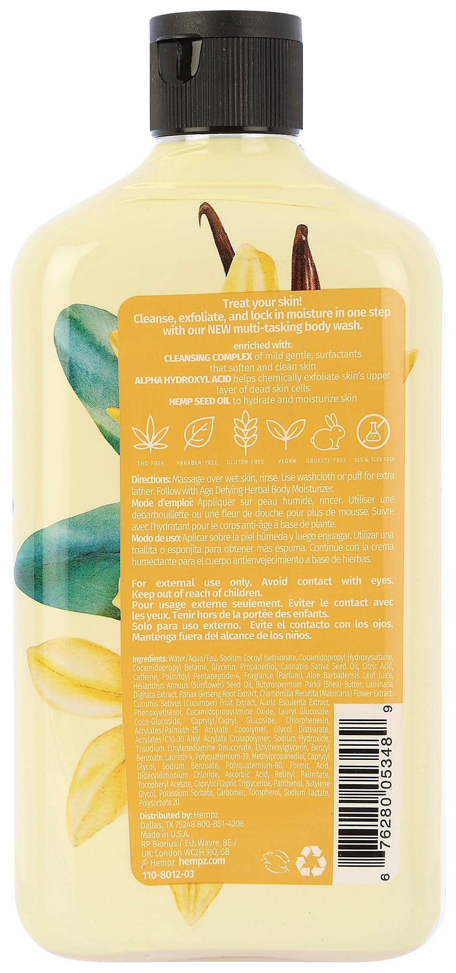 Hempz Body Wash Age Defying - Vanilla & Musk - Hydrating & Exfoliating for Sensitive Skin - 17 fl oz